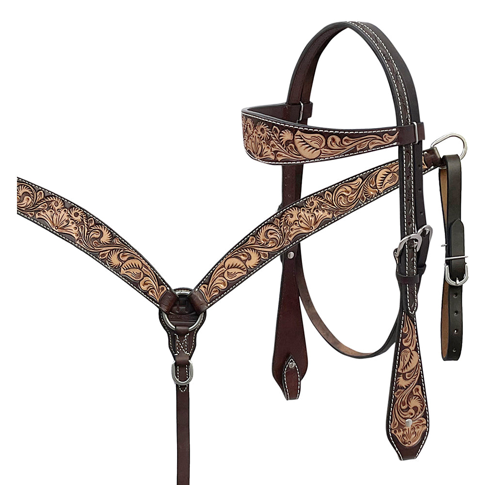 BAR H EQUINE Western Handtooled Leather Horse Headstall & Breast Collar Set | Tack
