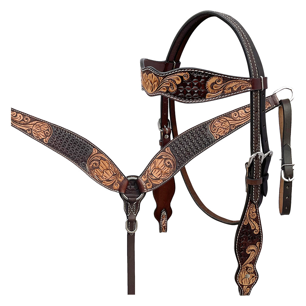 BAR H EQUINE Western Handtooled Leather Horse Headstall & Breast Collar Set | Tack