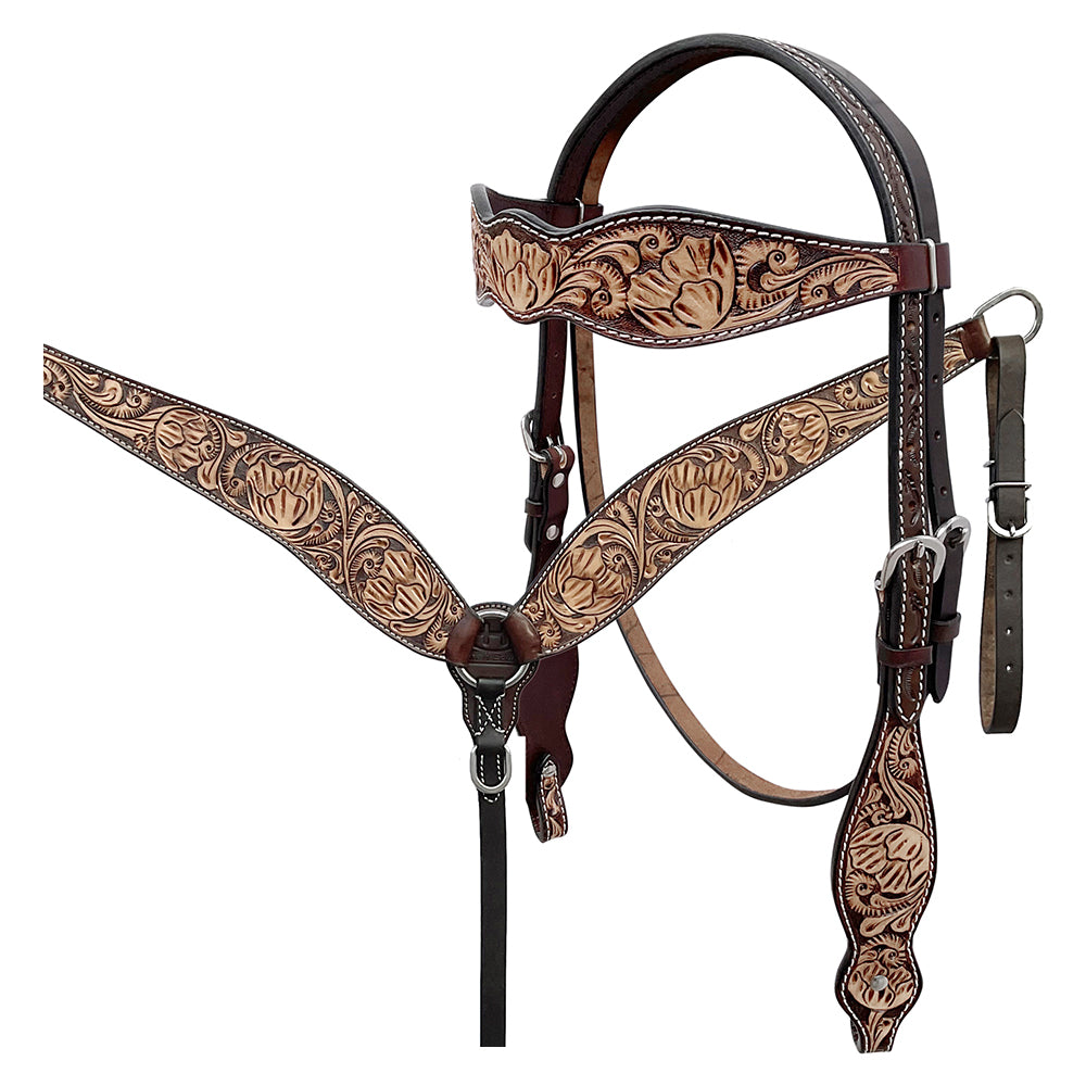 BAR H EQUINE Western Handtooled Leather Horse Headstall & Breast Collar Set | Tack