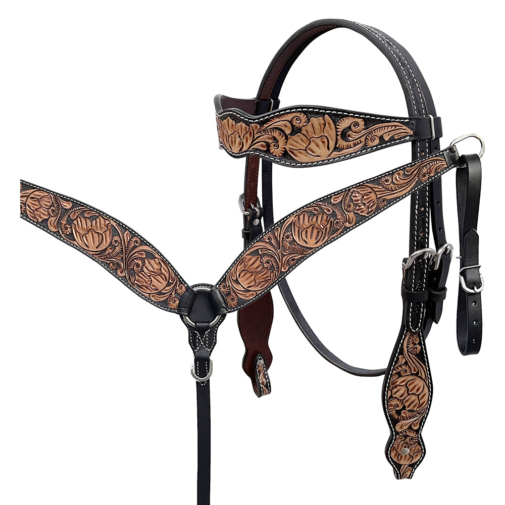 BAR H EQUINE Western Handtooled Leather Horse Headstall & Breast Collar Set | Tack