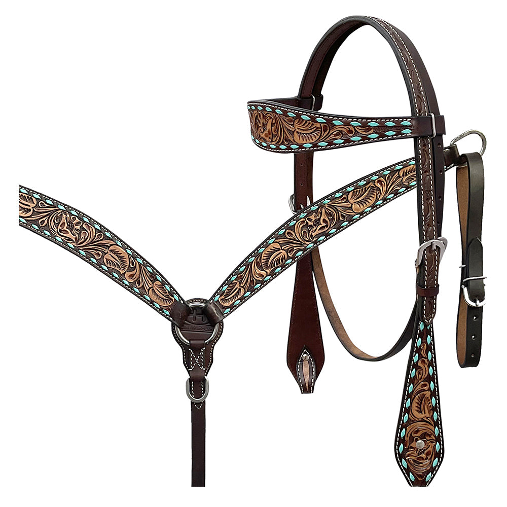 BAR H EQUINE Western Handtooled Leather Horse Headstall & Breast Collar Set