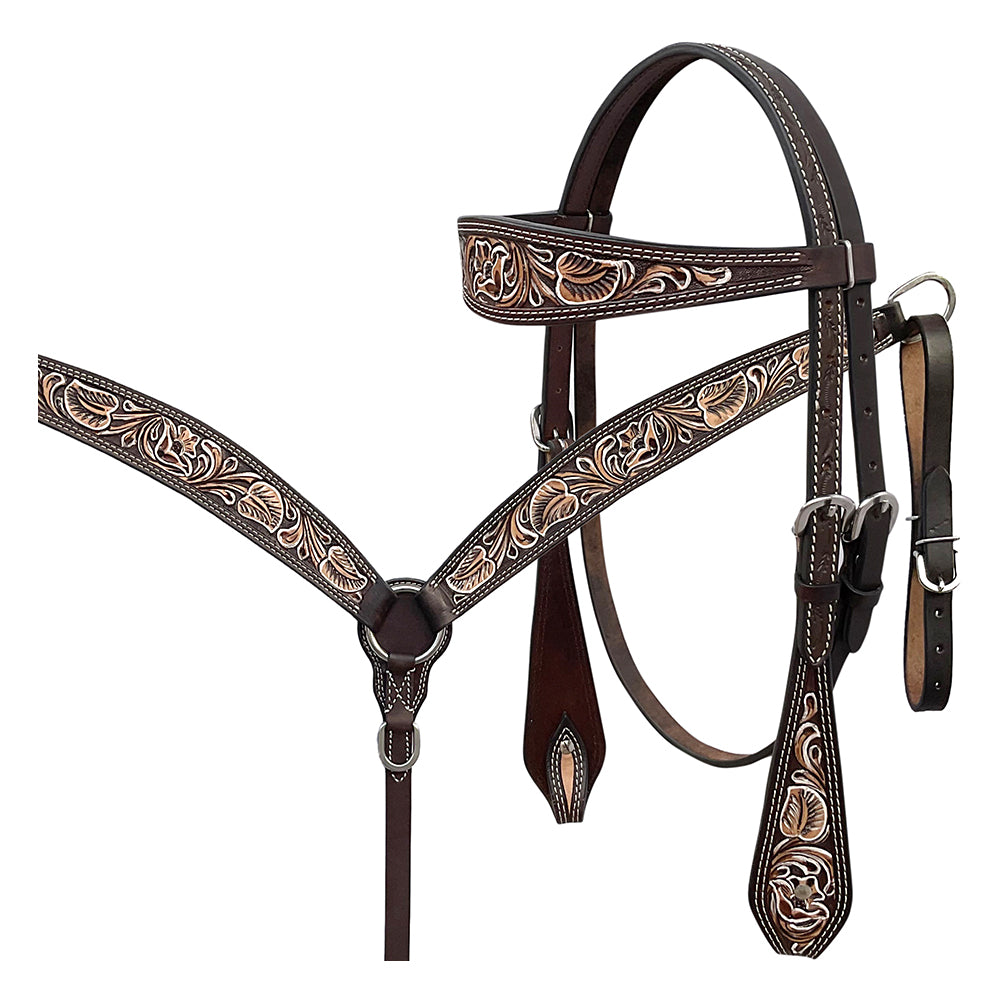 BAR H EQUINE Western Handtooled Leather Horse Headstall & Breast Collar Set | Tack