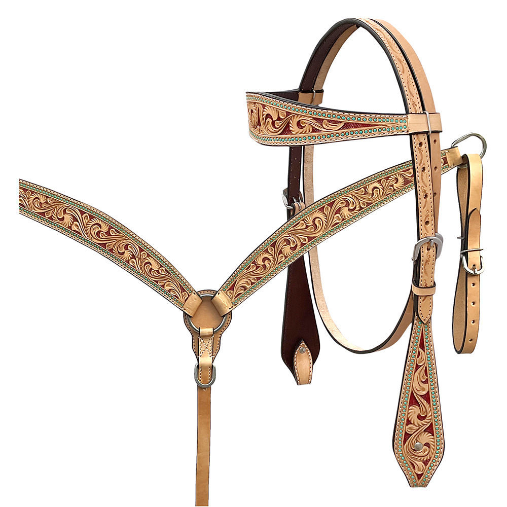 BAR H EQUINE Western Handtooled Leather Horse Headstall & Breast Collar Set | Tack