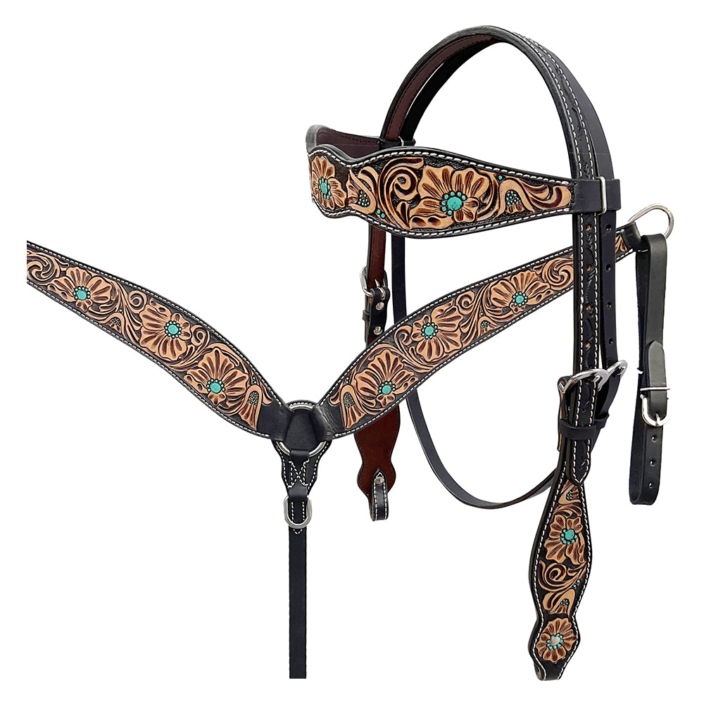 BAR H EQUINE Western Handtooled Leather Horse Headstall & Breast Collar Set | Tack