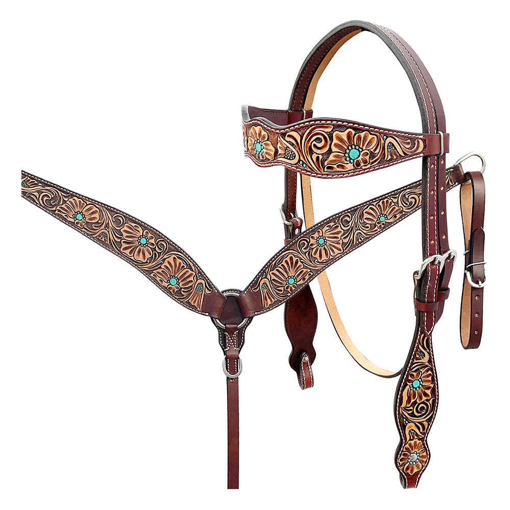 BAR H EQUINE Western Handtooled Leather Horse Headstall & Breast Collar Set | Tack