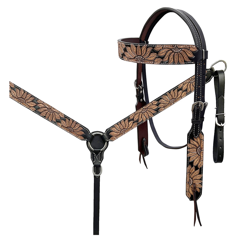BAR H EQUINE Western Handtooled Leather Horse Headstall & Breast Collar Set | Tack