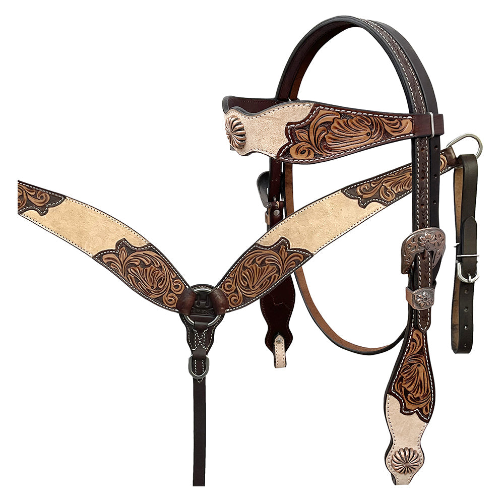 BAR H EQUINE Western Handtooled Leather Horse Headstall & Breast Collar Set