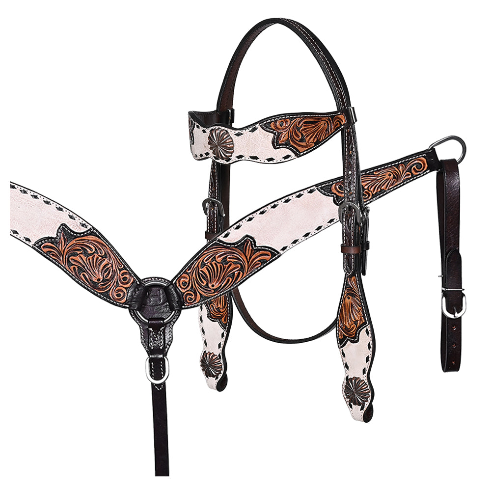 BAR H EQUINE Western Handtooled Leather Horse Headstall & Breast Collar Set | Tack