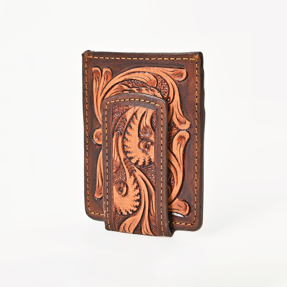 BAR H EQUINE Hand-Tooled Genuine Leather Money Clip Wallet Floral Carved | Western Style Card & Cash Holder