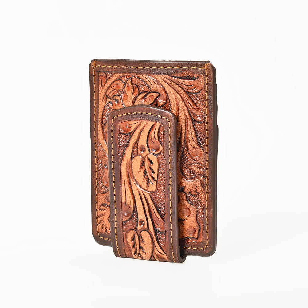 BAR H EQUINE Hand-Tooled Genuine Leather Money Clip Wallet Floral Carved | Western Style Card & Cash Holder