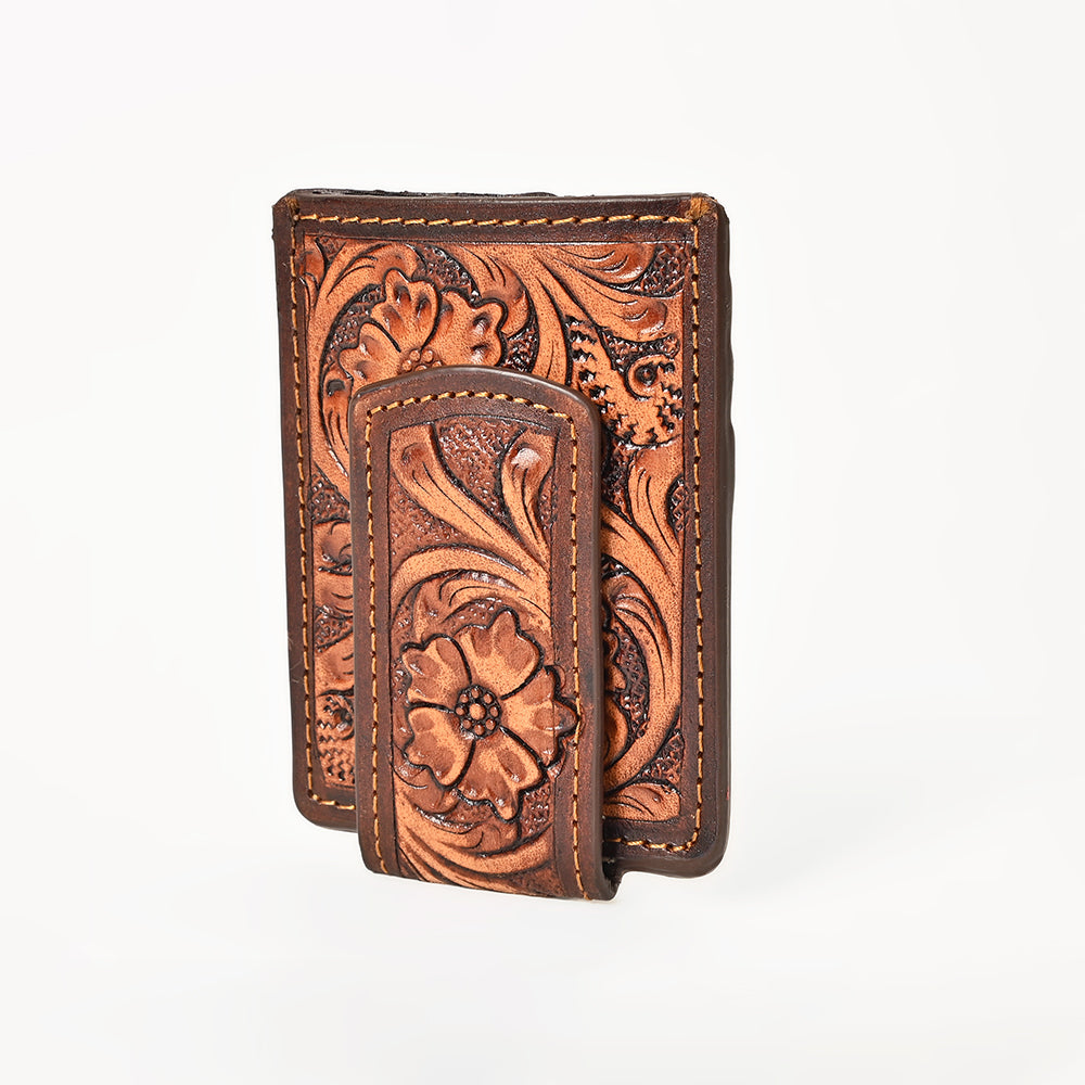 BAR H EQUINE Hand-Tooled Genuine Leather Money Clip Wallet Floral Carved | Western Style Card & Cash Holder