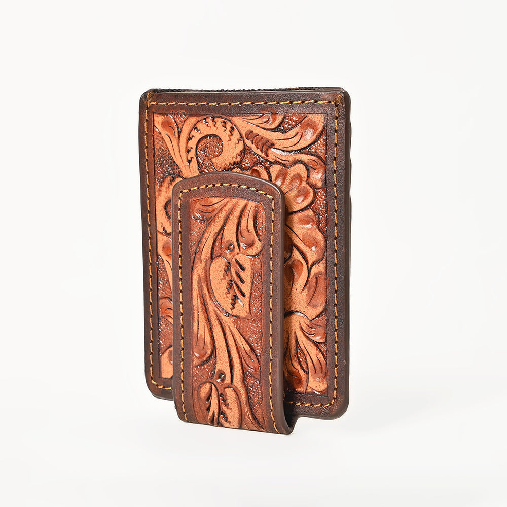 BAR H EQUINE Hand-Tooled Genuine Leather Money Clip Wallet Floral Carved | Western Style Card & Cash Holder