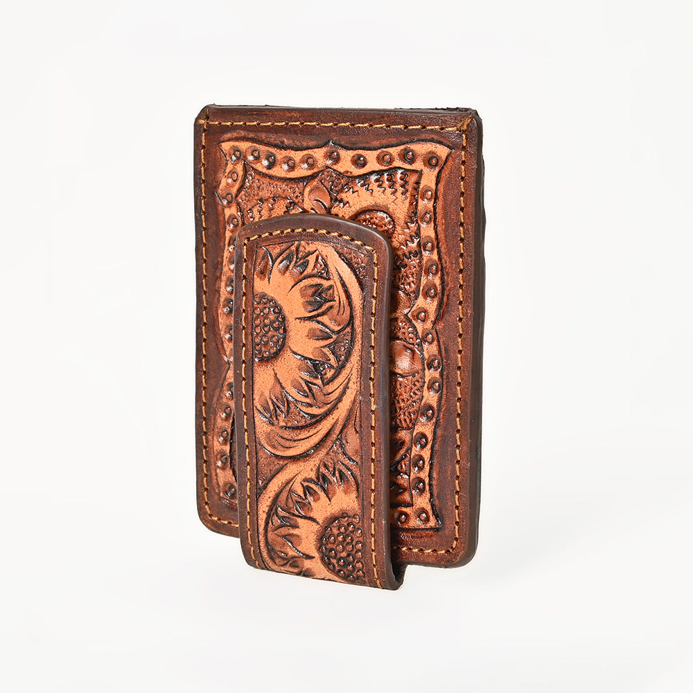 BAR H EQUINE Hand-Tooled Genuine Leather Money Clip Wallet Floral Carved | Western Style Card & Cash Holder