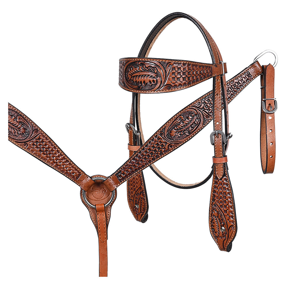 COMFYTACK Horse Floral Headstall Breast Collar Set American Leather Tan