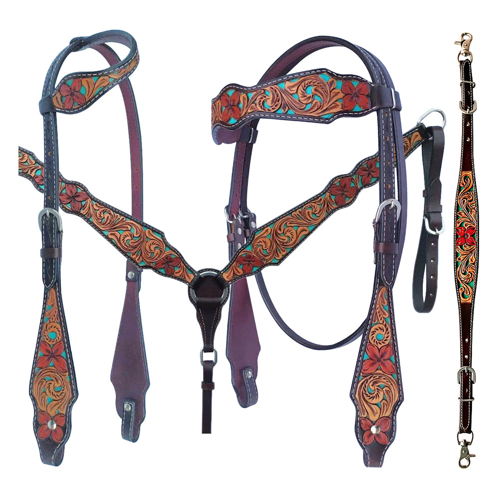 Bar H Equine American Leather Horse Saddle Tack One Ear Headstall Breast Collar Browband Wither Strap Set Tropical Turquoise