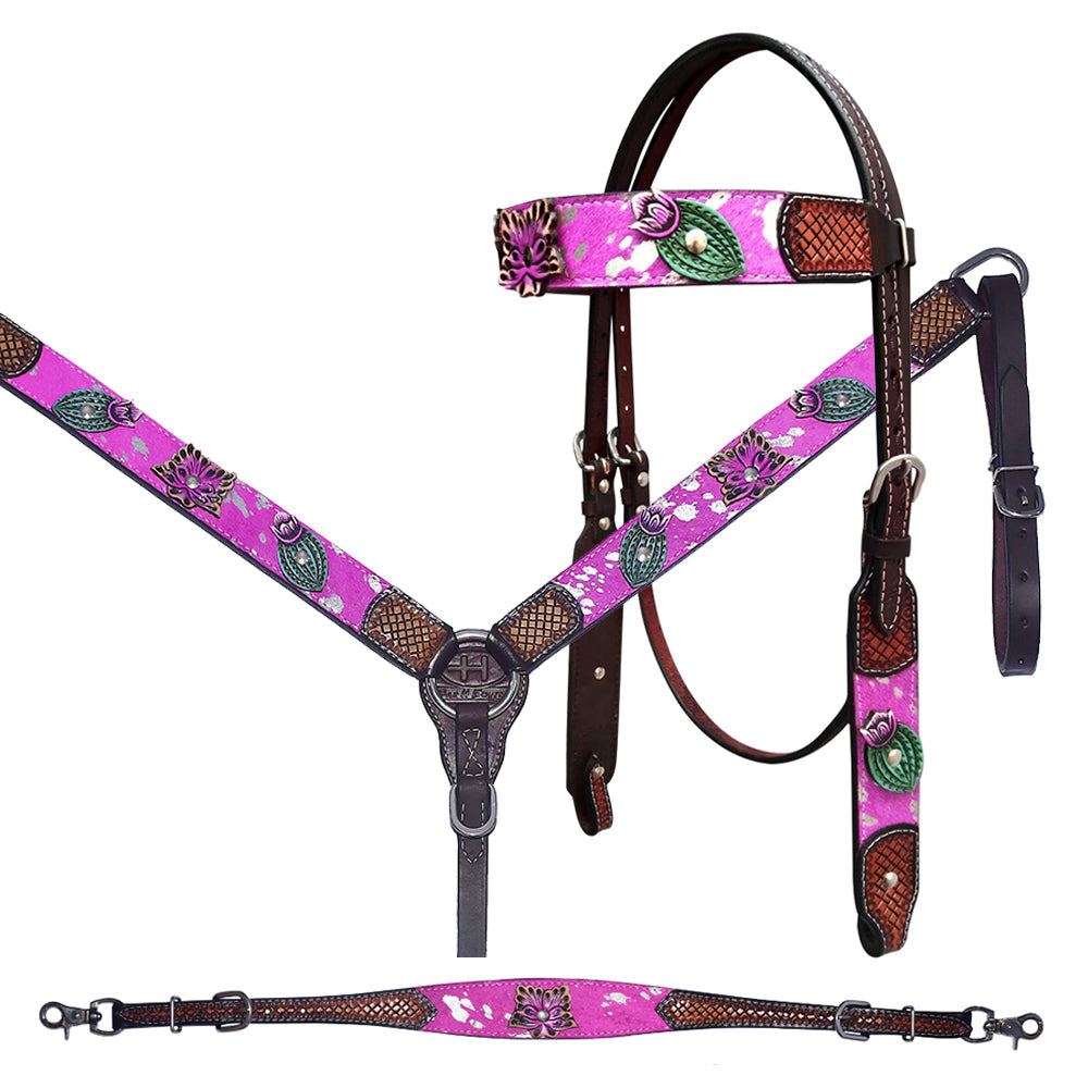 Bar H Equine Western Horse Floral Genuine American Leather Tack Set Brown