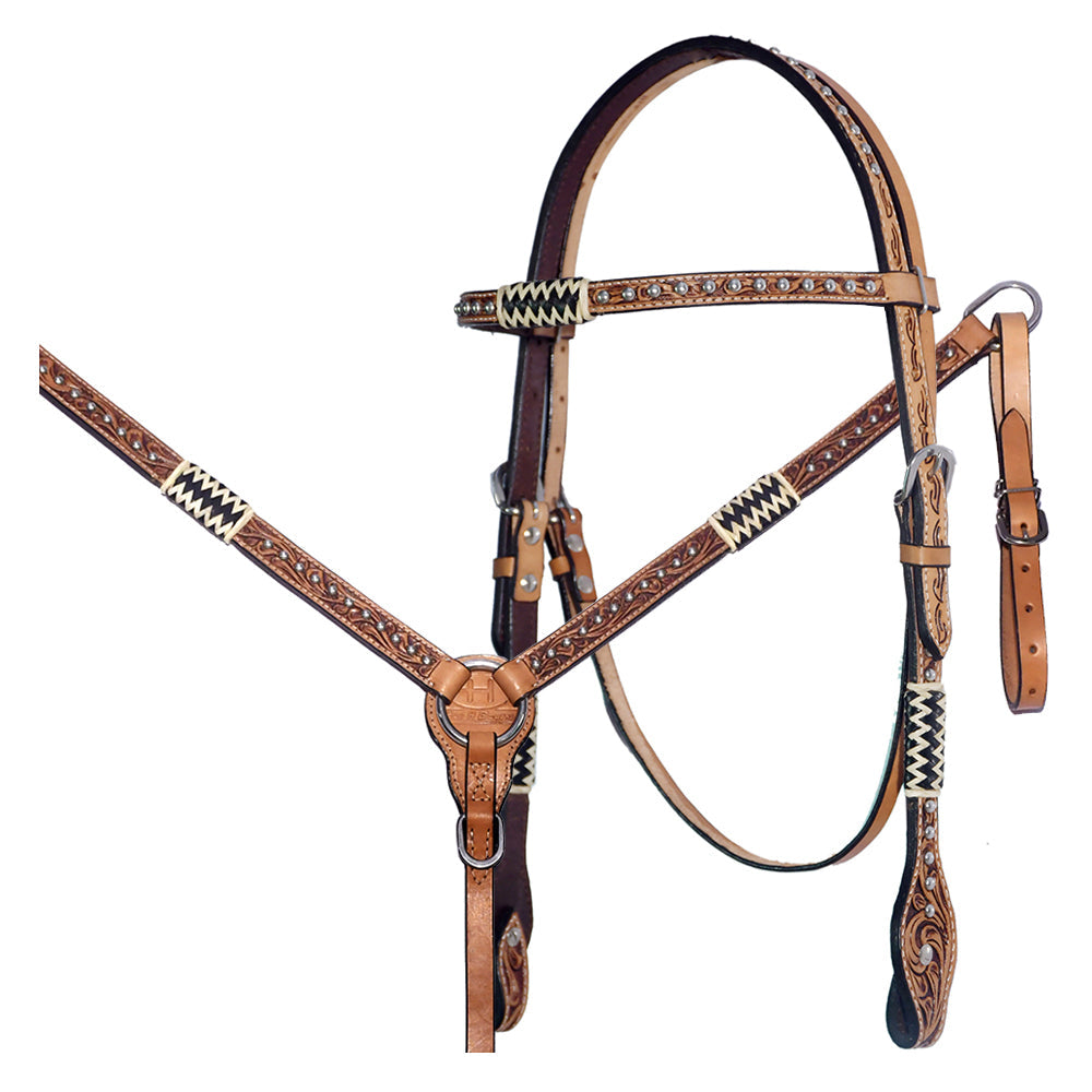 Bar H Equine Western Horse Rawhide Genuine American Leather Tack Set Tan
