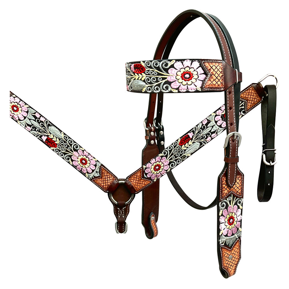 Bar H Equine Western Horse Floral Genuine American Leather Breast Collar Headstall Tack Set