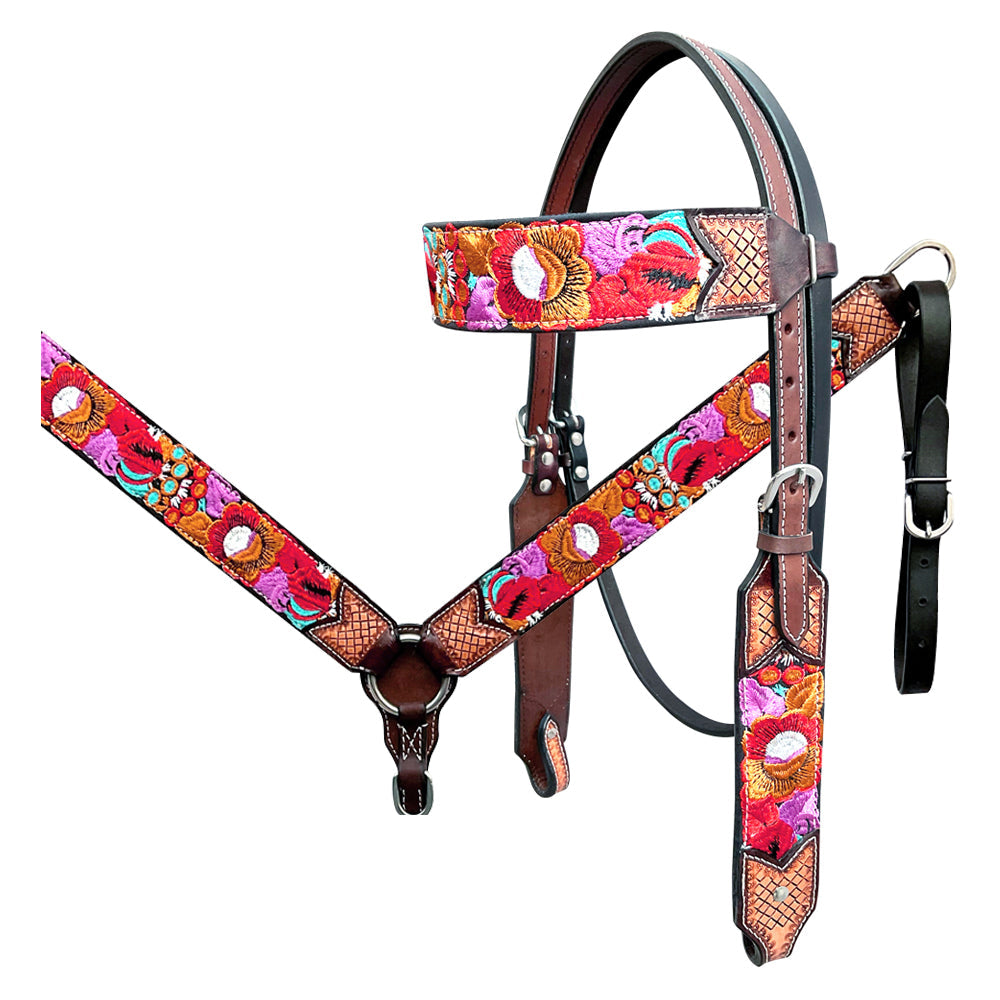 Bar H Equine Western Leather Horse Headstall & Breast Collar Brown