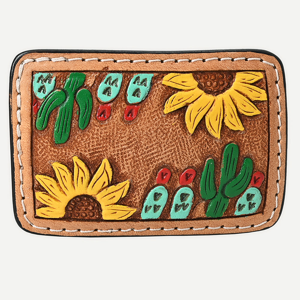 AMERICAN DARLING Floral Hand Carved Painted Belt Buckle Genuine Leather Covered Stylish