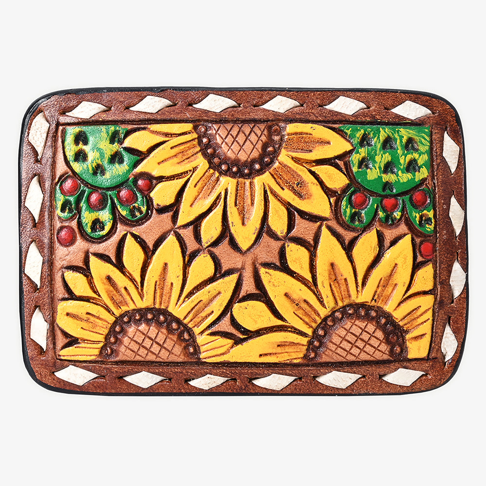 AMERICAN DARLING Floral Hand Carved Painted Belt Buckle Genuine Leather Covered Stylish