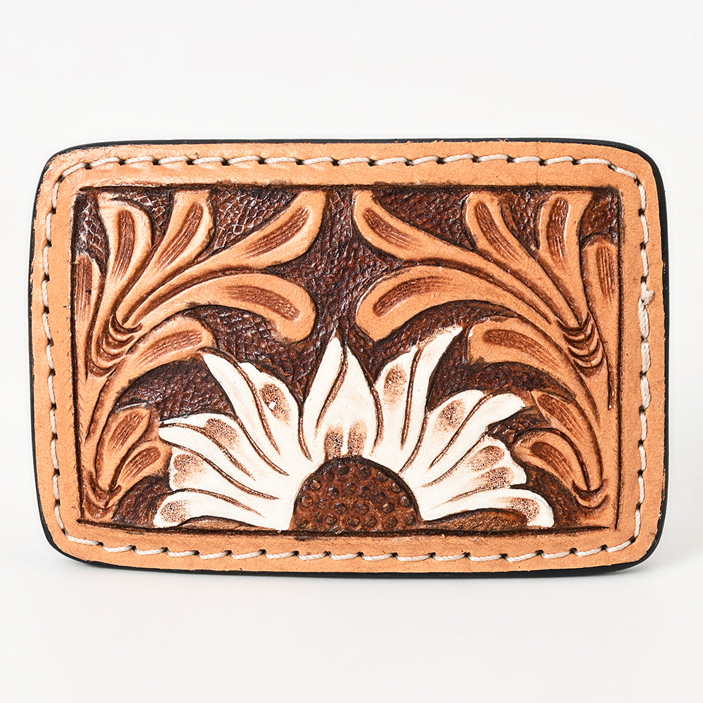 AMERICAN DARLING Floral Hand Carved Painted Belt Buckle Genuine Leather Covered Stylish