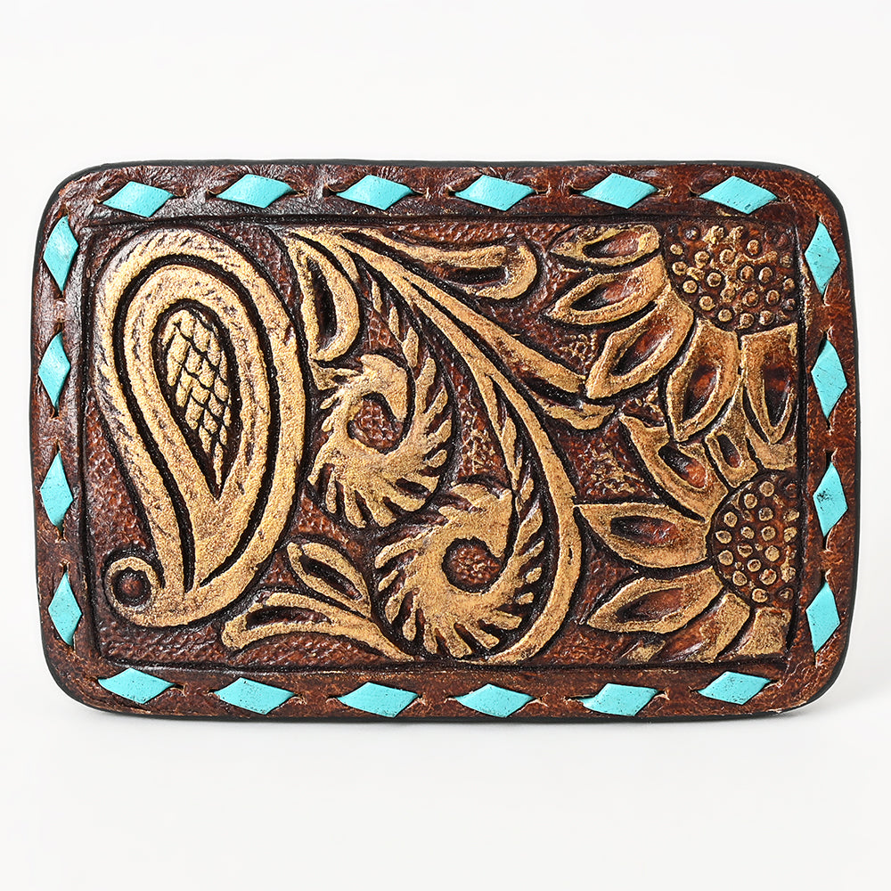 AMERICAN DARLING Floral Hand Carved Painted Belt Buckle Genuine Leather Covered Stylish