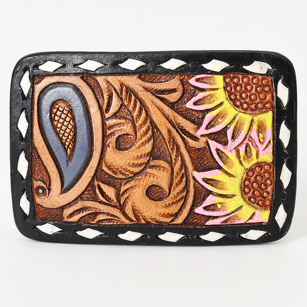 AMERICAN DARLING Floral Hand Carved Painted Belt Buckle Genuine Leather Covered Stylish