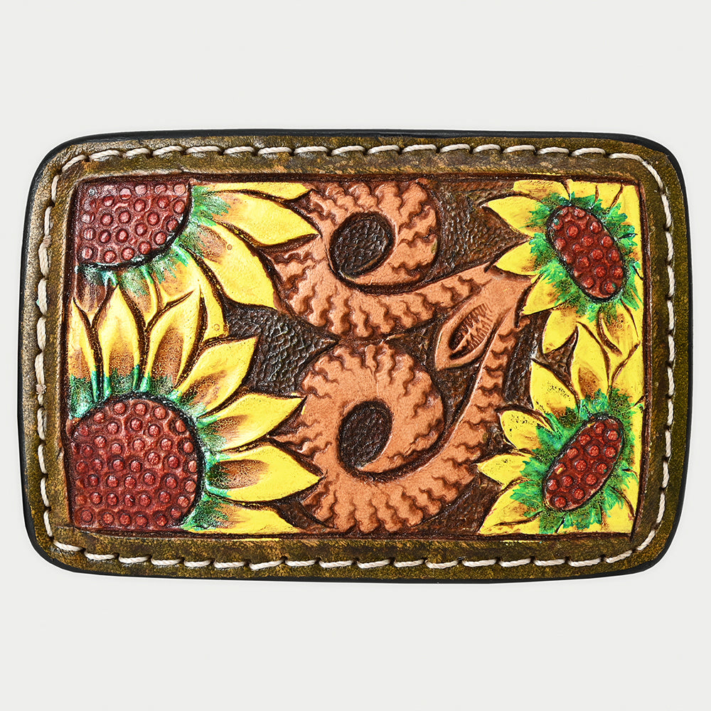 AMERICAN DARLING Floral Hand Carved Painted Belt Buckle Genuine Leather Covered Stylish
