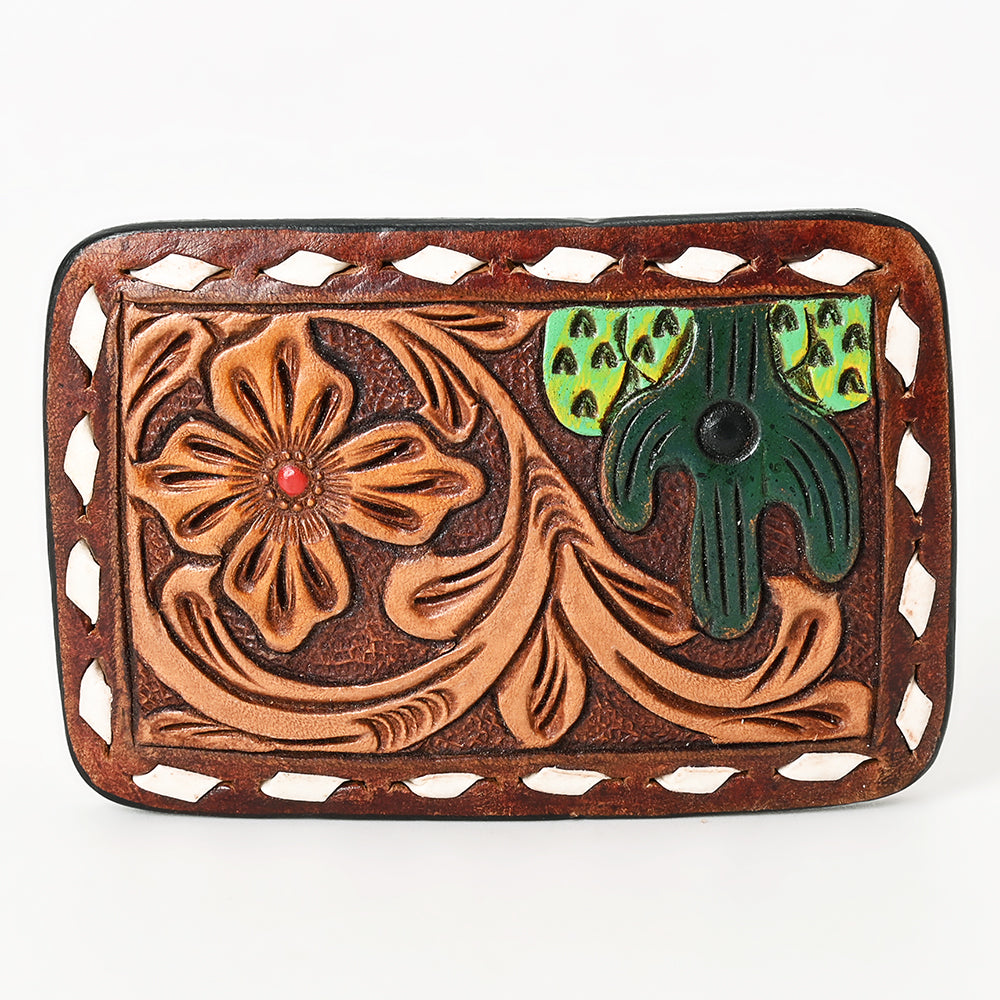 AMERICAN DARLING Floral Hand Carved Painted Belt Buckle Genuine Leather Covered Stylish