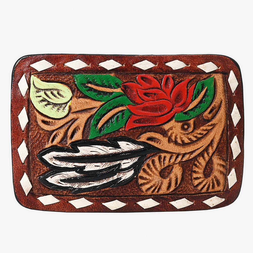 AMERICAN DARLING Floral Hand Carved Painted Belt Buckle Genuine Leather Covered Stylish