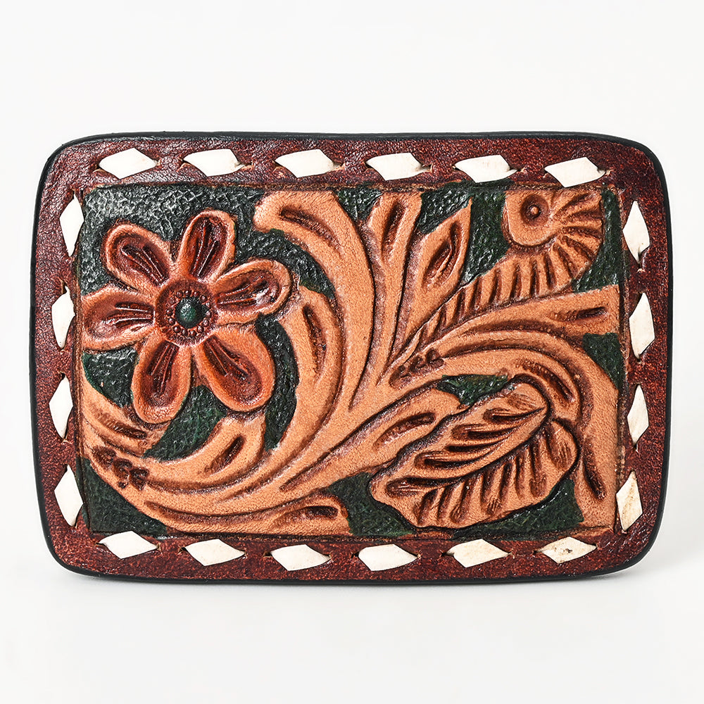 AMERICAN DARLING Floral Hand Carved Painted Belt Buckle Genuine Leather Covered Stylish