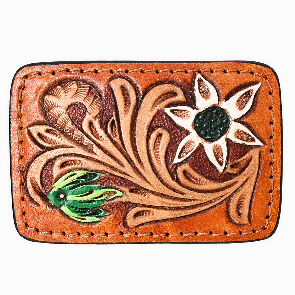 AMERICAN DARLING Floral Hand Carved Painted Belt Buckle Genuine Leather Covered Stylish