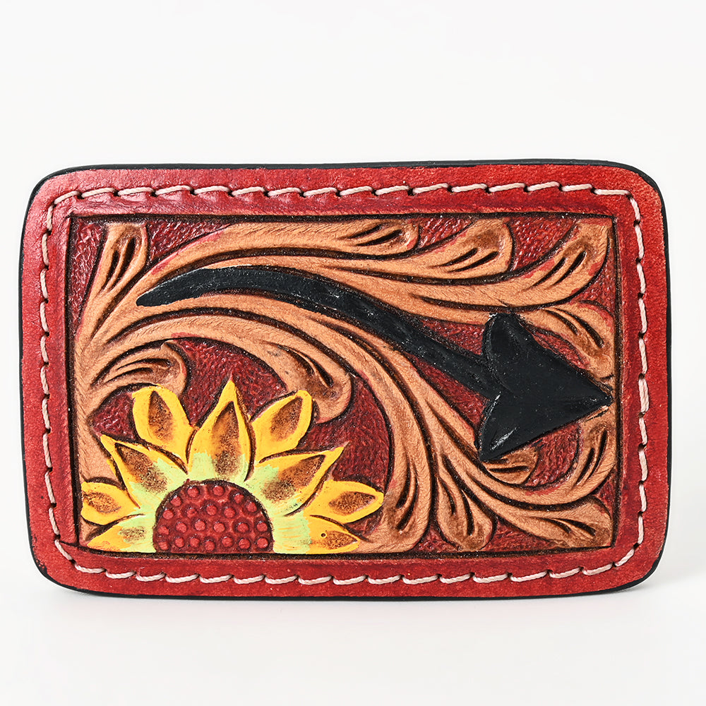 AMERICAN DARLING Floral Hand Carved Painted Belt Buckle Genuine Leather Covered Stylish