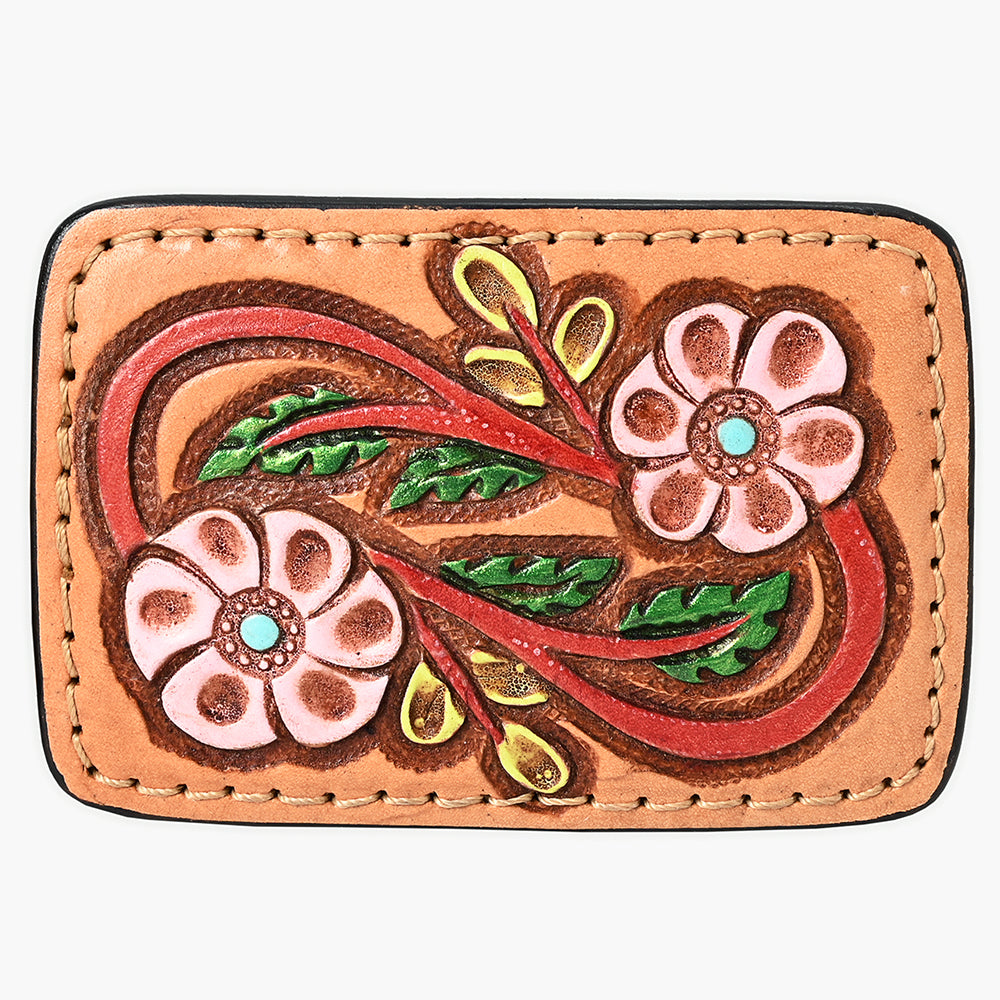 AMERICAN DARLING Floral Hand Carved Painted Belt Buckle Genuine Leather Covered Stylish