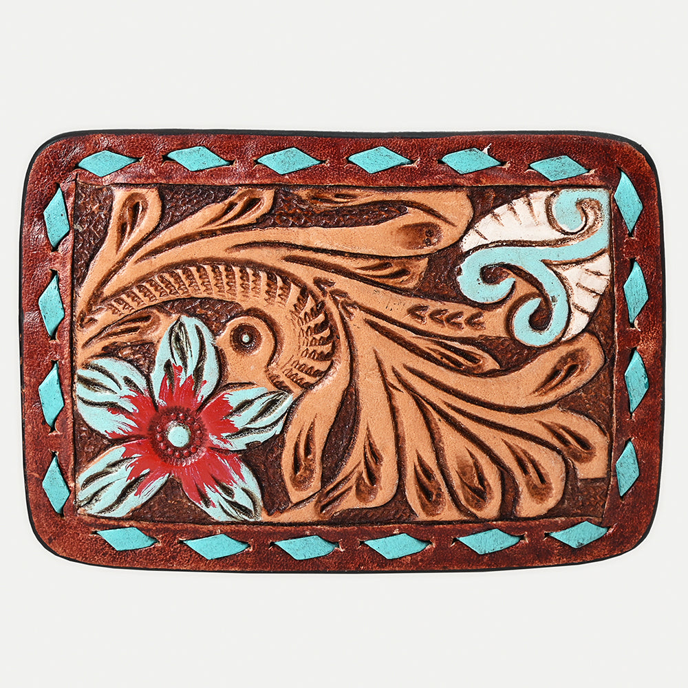 AMERICAN DARLING Floral Hand Carved Painted Belt Buckle Genuine Leather Covered Stylish