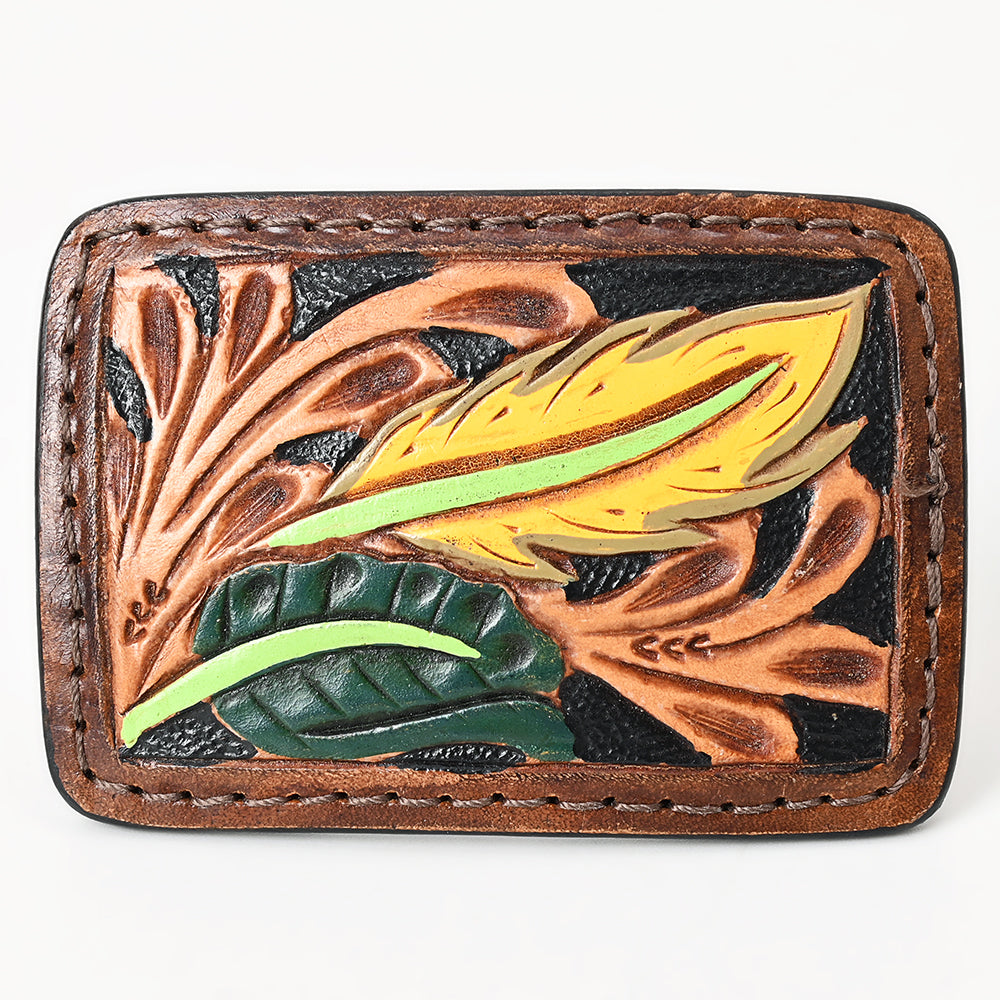 AMERICAN DARLING Floral Hand Carved Painted Belt Buckle Genuine Leather Covered Stylish