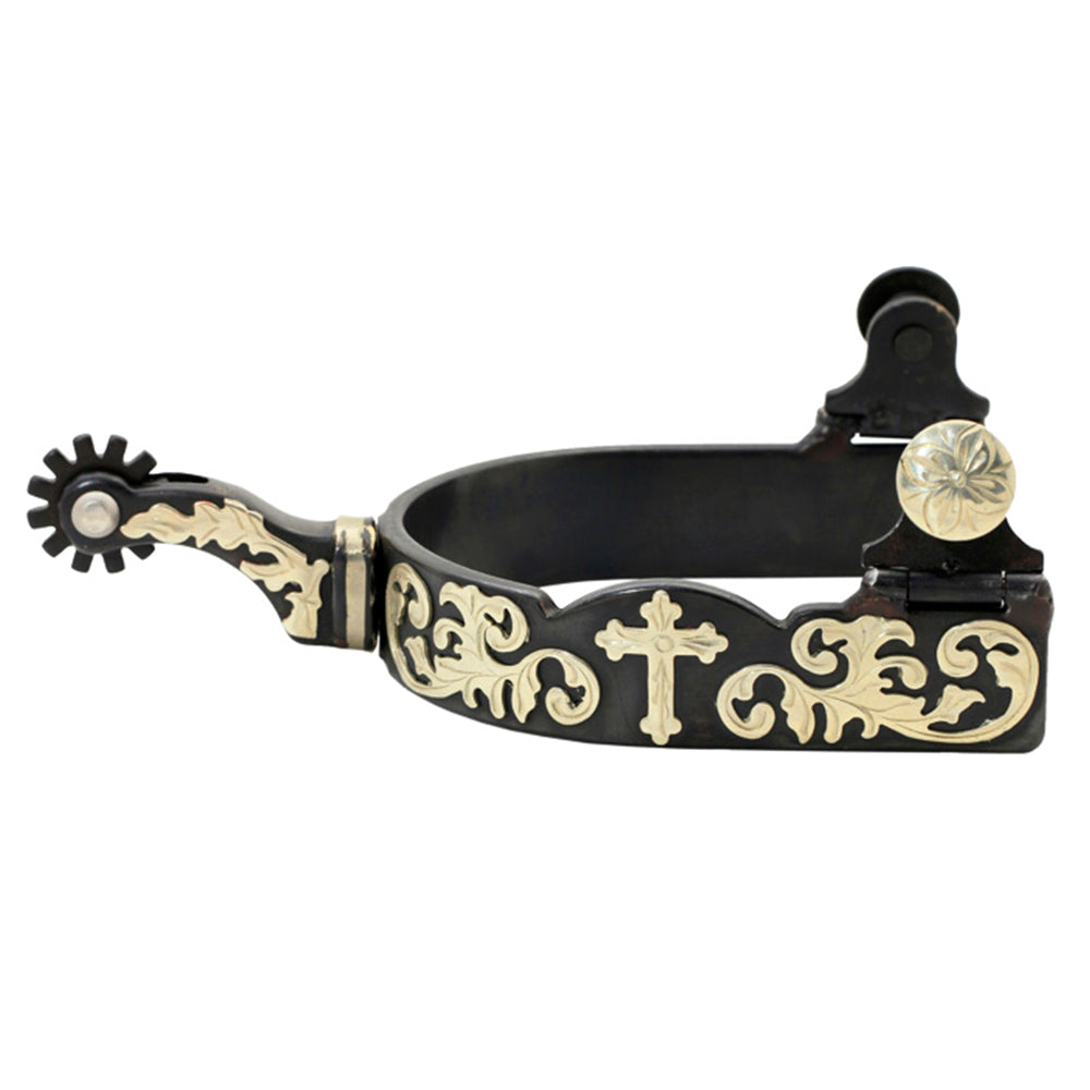 HILASON Western Horse Black Floral Cross Unisex Spur 3" Band 1-3/4" Shank