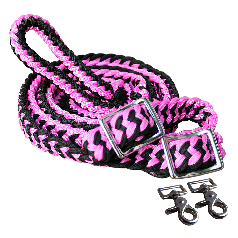 1" X 8Ft Hilason Braided Poly Barrel Horse Racing Reins Flat Grip Knots W/ Snaps