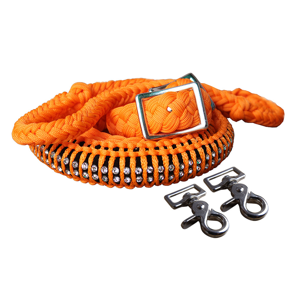 1" X 8Ft Hilason Braided Poly Horse Barrel Reins Flat Grip Knots Crystal W/ Snaps