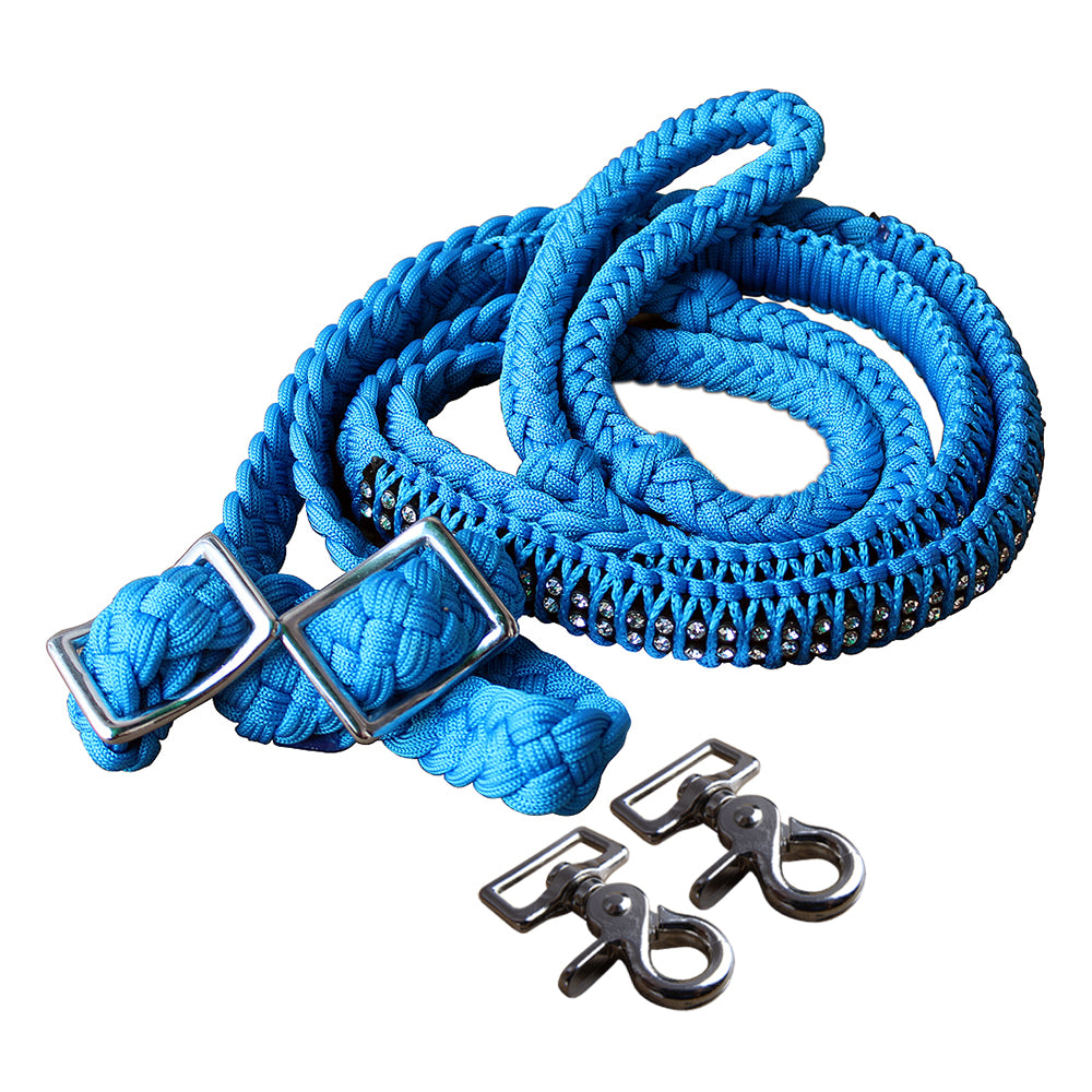 1" X 8Ft Hilason Braided Poly Horse Barrel Reins Flat Grip Knots Crystal W/ Snaps