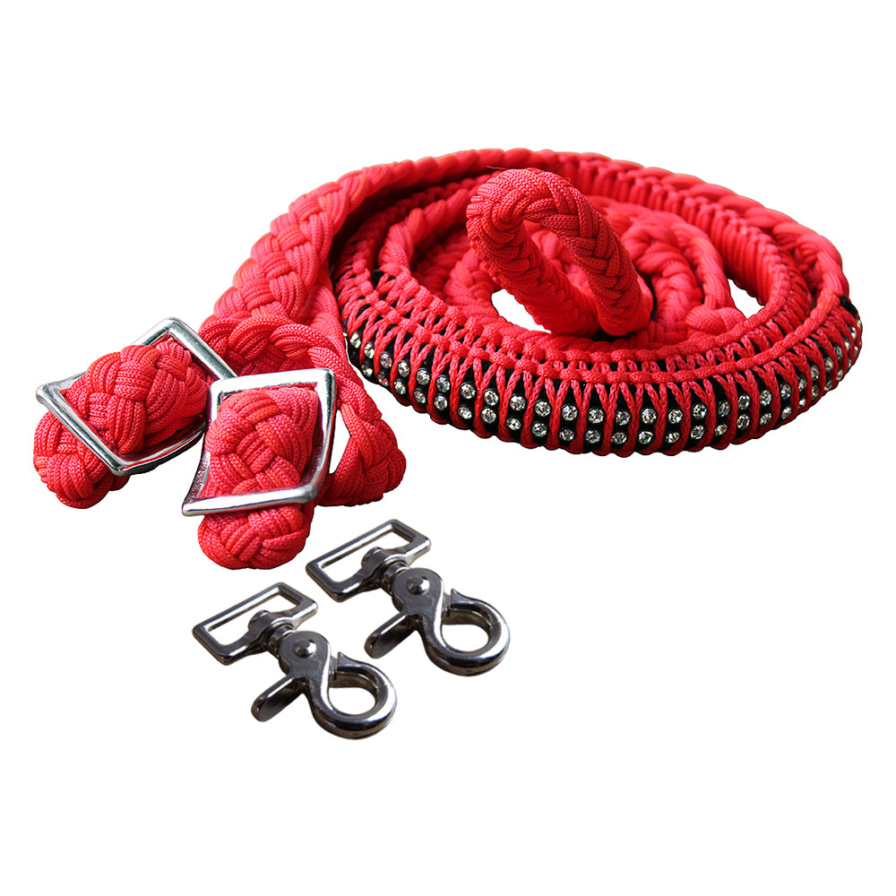 1" X 8Ft Hilason Braided Poly Horse Barrel Reins Flat Grip Knots Crystal W/ Snaps