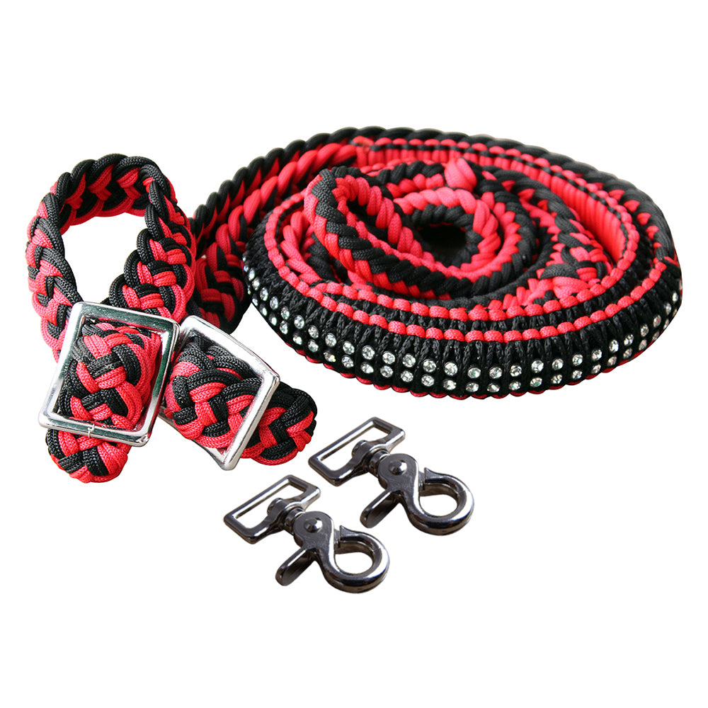 1" X 8Ft Hilason Braided Poly Horse Barrel Reins Flat Grip Knots Crystal W/ Snaps