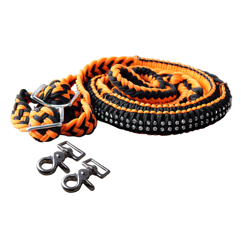 1" X 8Ft Hilason Braided Poly Horse Barrel Reins Flat Grip Knots Crystal W/ Snaps