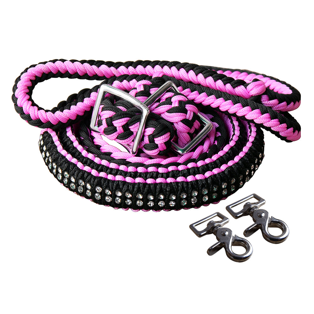 1" X 8Ft Hilason Braided Poly Horse Barrel Reins Flat Grip Knots Crystal W/ Snaps