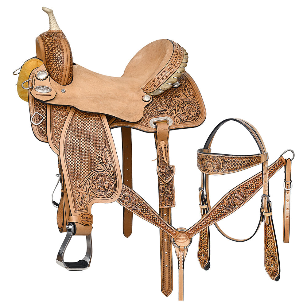 HILASON Western Horse Floral Ranch Roping American Leather Saddle Set Tan