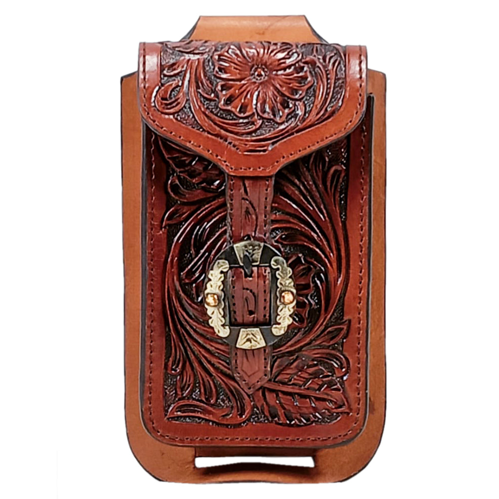 Hilason Western Horse Genuine Leather Cell Phone Case Brown With Gorgeous Floral Hand Carved