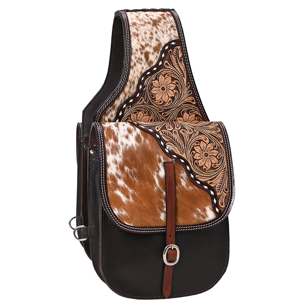 Hilason Western Horse Floral Genuine Hair-On Leather Saddle Bag Black / Brown Heavyduty Traditional Trail Ride