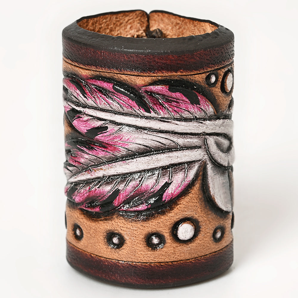 American Darling Western Hand Tooled Carved Genuine Leather Scarf Ring Brown Clasp Bandana Slide Cuff