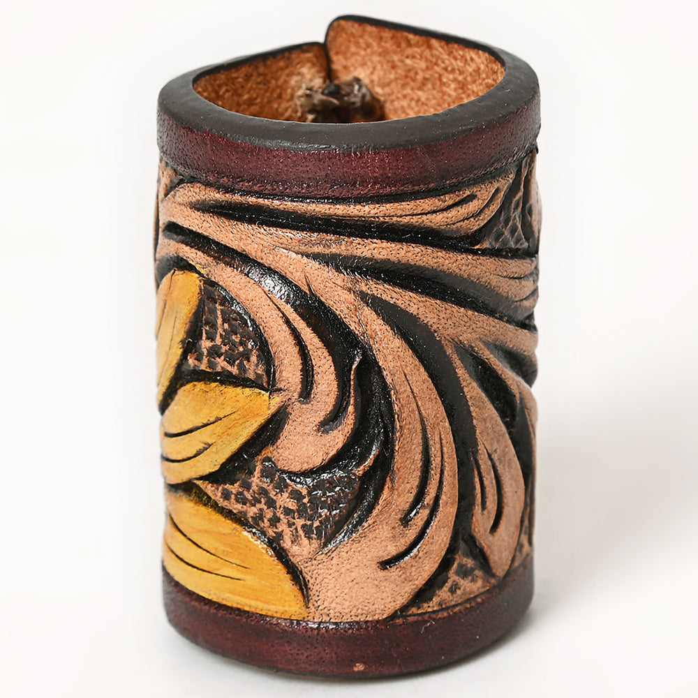 American Darling Western Hand Tooled Carved Genuine Leather Scarf Ring Brown Clasp Bandana Slide Cuff